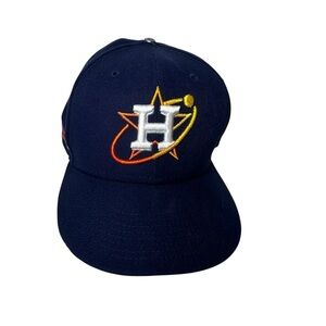 New Era Navy Blue Hat with White and Orange Logo Fitted 7.5